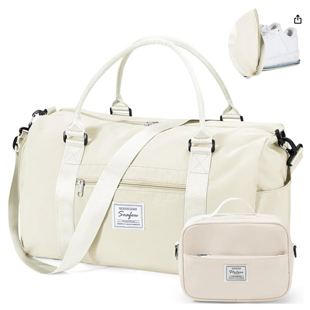 Weekender Gym Bag with Shoe Compartment & toiletry bag, Travel Duffel Bag- Beige